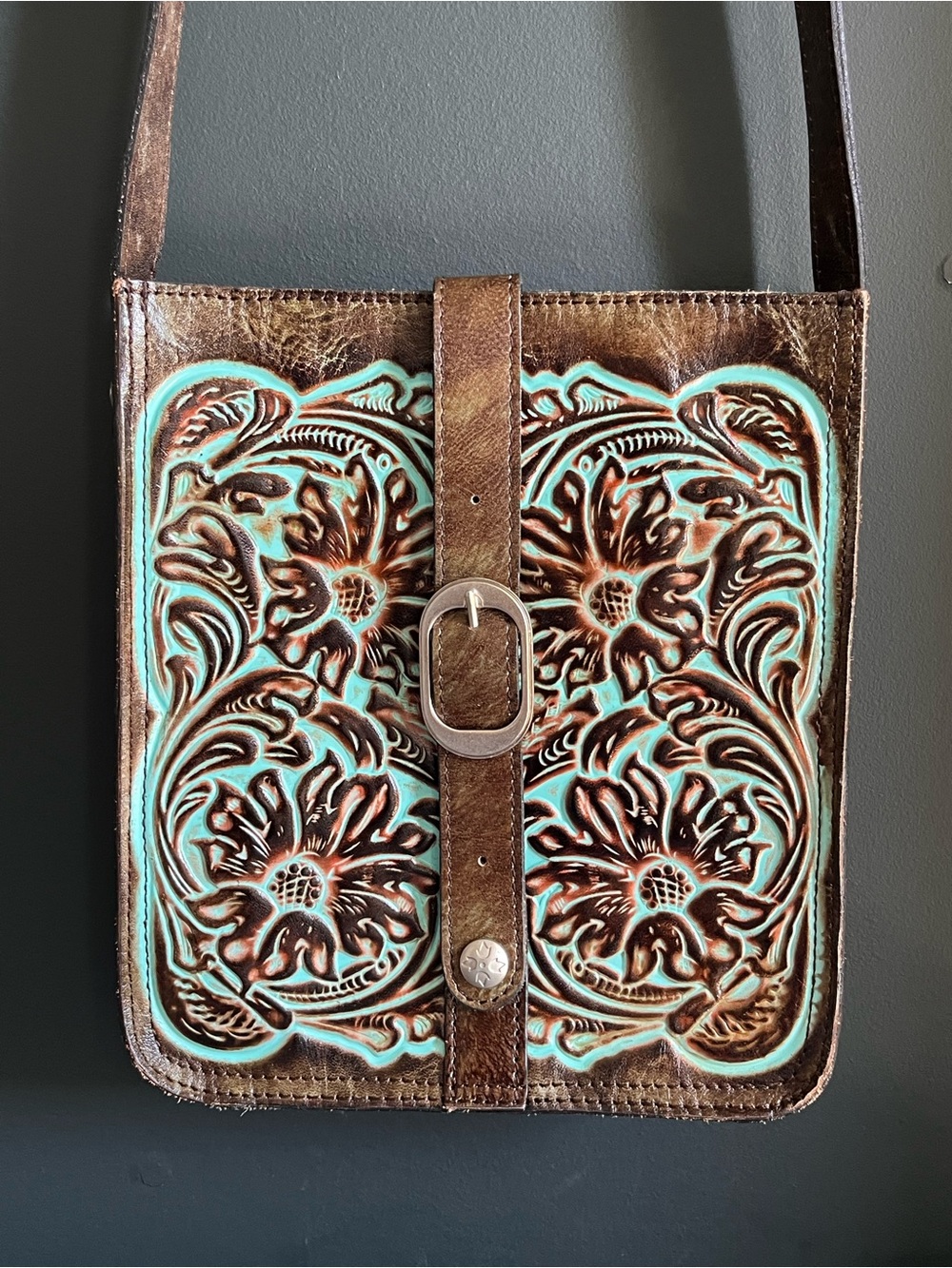 Patricia Nash Brown Tooled Leather Crossbody with Turquoise Accents